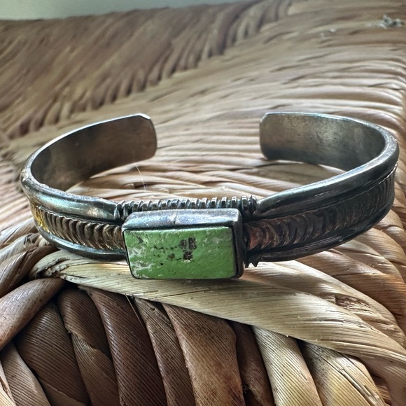J.W. TOADLENA Sterling 12KGF Green Turquoise Cuff Bracelet Navajo Authentic - Picture 9 of 16